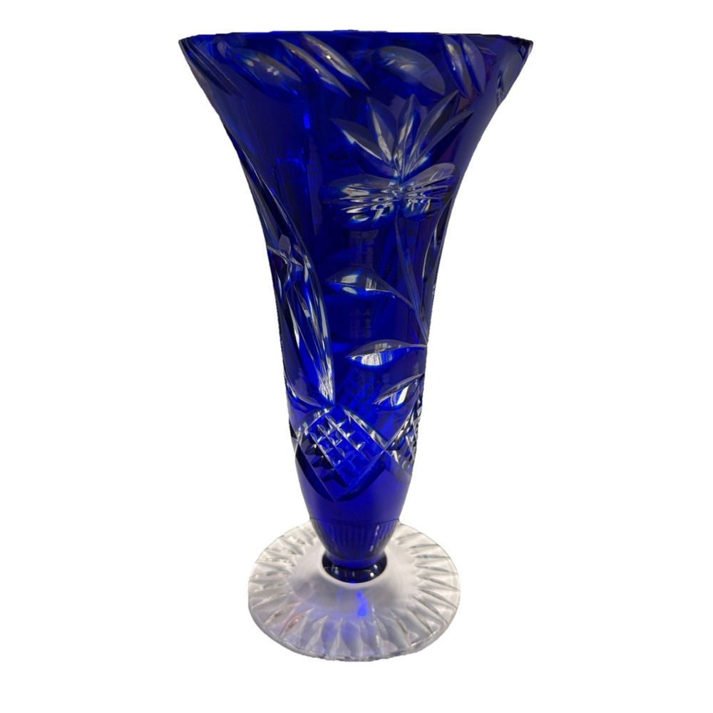 Bohemian Cobalt Blue 8.5" Cut to Clear Glass Crystal Vase VTG floral Goblet